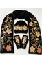Women's Black Hand Knitted Floral Embroidered Shawl, Fingerless Gloves Set of 3 - 3