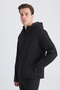 Ds Damat Regular Fit Black Hooded Scuba Coat with Fleece Inside - 4