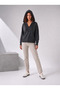 Women's Anthracite V-Neck Hooded Swea with Stitching Detail and Piece-Dye Washed Effect, 100% Cotton - 3