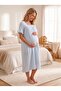 New Season Blue Muslin Fabric Buttoned Breastfeeding Compatible Design Short Sleeve 100% Cotton Maternity Nightgown - 5