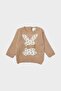 Girl's Beige Rabbit Figured Long Sleeve Knit Sweater