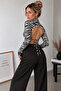 Women's Ecru Zebra Backless Lace Detailed High Neck Long Sleeve Viscose Elastane Crop Blouse - 5