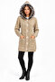 Women's Plush Hooded Patterned Knitted Cardigan Mustard-Beige Melange
