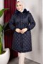 Removable Hooded Fur Collar Lined Women's Quilted Coat - Navy Blue - 2