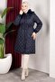 Removable Hooded Fur Collar Lined Women's Quilted Coat - Navy Blue - 4