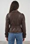 Women's Belted Faux Leather Jacket 1006 - Brown - 3