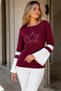 Women's Boat Neck Spanish Sleeve Stone Star Detailed Relaxed Fit Modern Stylish Casual Burgundy White Knitwear Sweater - 7