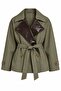 Khaki Double-Breasted Collar Leather Detailed Belted Trench Coat - 1115