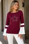 Women's Boat Neck Spanish Sleeve Stone Star Detailed Relaxed Fit Modern Stylish Casual Burgundy White Knitwear Sweater - 5