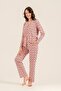 Women's patterned pink pajama set, boxed pajamas, shirt collar, pocket detailed 50% cotton 50% modal fabric, - 8