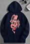 Unisex 3 Thread Cotton Navy Blue Reddragon Print Loose Fit Sweatshirt Hoodie