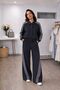 Navy Blue Gray Garnished Bomber Jacket and Trousers Set-M