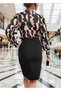 Women's Long-Sleeve Double-Breasted Neck Digital Print Bow Detail Satin Fabric Dress - 5