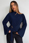 Half Turtleneck Draped Belt Buckle Wide Sleeve Navy Blue Blouse - 2