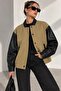 Women's Leather Sleeve Detailed Oversize Bomber Jacket Fk3535 - 4