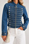 Women's Blue Cotton Soldier Collar Button Detailed Short Denim Jacket - 2