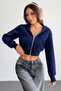 Nawly Navy Blue Winter Loose Fit 3 Thread Hooded Kangaroo Pocket Thick Sweatshirt Crop Zipper Cardigan - 3