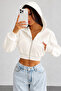 Nawly Ecru Winter Oversize 3 Thread Hooded Kangaroo Pocket Thick Sweatshirt Crop Zipper Cardigan - 3