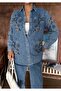 Women's Front Beaded Embroidered Denim Oversize Shirt - 3