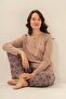 Women's Uzunkol Dark Mink Pajama Set, Round Buttoned Collar, Pocket Detail, 50% Cotton 50% Modal Fabric - 8