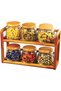 Premium 2-Tier Wooden Spice Rack Organizer with 6 Glass Jars, Airtight Wooden Lids, Countertop Herb and Spice Storage Holder for Kitchen Organization, Seasoning Rack Set