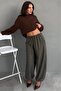 Khaki Plaid Patterned Elastic Waist Balloon Trousers Mg2905 - 3