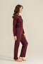 Women's Dark Plum Uzunkol Combed Cotton Pajama Set, Buttoned Collar, Pocket Detail, 50% Cotton 50% Modal Fabric - 8