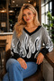 Women's V-Neck Long Sleeve Flame Patterned Color Garnished Special Design Stylish Elegant Gray Knitwear Sweater - 2
