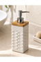 Square Embossed Patterned Porcelain Liquid Soap Dispenser with Bamboo Lid 400 ml Beige - 3