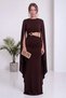 Women's Cape Sleeve Low-Cut Waistline Brooch Detailed Maxi Dress Brown, Burgundy, Black - 5