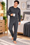 Men's Pajama Set Long Sleeve Shirt Collar Plaid Bottom Top Set – Anthracite