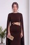 Women's Cape Sleeve Low-Cut Waistline Brooch Detailed Maxi Dress Brown, Burgundy, Black - 2