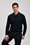 Men's Striped Zippered Polo Collar Black Knit Sweater - 5
