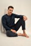 Men's Navy Blue 100% Cotton Pajama Set, Crew Neck, Pocket Detail - 3