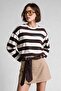 Striped Printed Oversize Knitted Sweatshirt Lub0398 Brown Ecru - 3