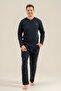 Men's Navy Blue 100% Cotton Pajama Set, Buttoned Crew Neck, Pocket Detail - 3