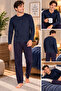 Men's Pajama Set Long Sleeve Navy Blue Plaid Patterned Bottom Top Set - 3
