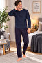 Men's Pajama Set Long Sleeve Navy Blue Plaid Patterned Bottom Top Set