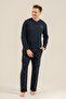 Men's Navy Blue 100% Cotton Pajama Set, Buttoned Crew Neck, Pocket Detail - 4