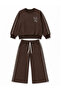 Girl's Brown Floral Embroidered Shoulder-Piped Sweatshirt and Palazzo Sweatpants Set - 2