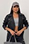 Women's Leather Jacket Short Belted Double Pockets Long Sleeve Zipper Faux Leather Biker Coat - 3
