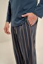 Men's Dark Indigo 100% Cotton Striped Pajama Set, Buttoned Crew Neck, Pocket Detail - 5