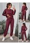 Women's long sleeve crew neck viscose two-piece set with mesh tulle detail: blouse and pants