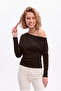 Women's Brown Asymmetrical Collar Fitted Waist Long Sleeve Modal Cotton Blouse - 2