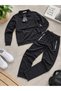 Men's Black Tracksuit Set with Zipper Pockets, Stand-Up Collar, Comfortable Fit, Sporty Stylish Casual Tracksuit Set, 78% Cotton, 16% Polyester, 6% Lycra - 2