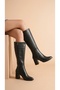 Women's Heeled Leather Look Zippered Long Boots - 2