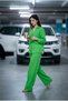 Women's Green Pinstripe Buttoned Pocketed Linen Textured Wide Leg Two-Piece Set