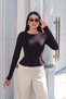 Crew Neck Hem Long Sleeve Blouse Black - 2