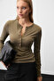 Vora Women's Front Button Round Neck Long Sleeve Khaki Blouse - 3