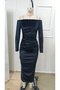 Women's long sleeve madonna collar velvet midi dress - 5